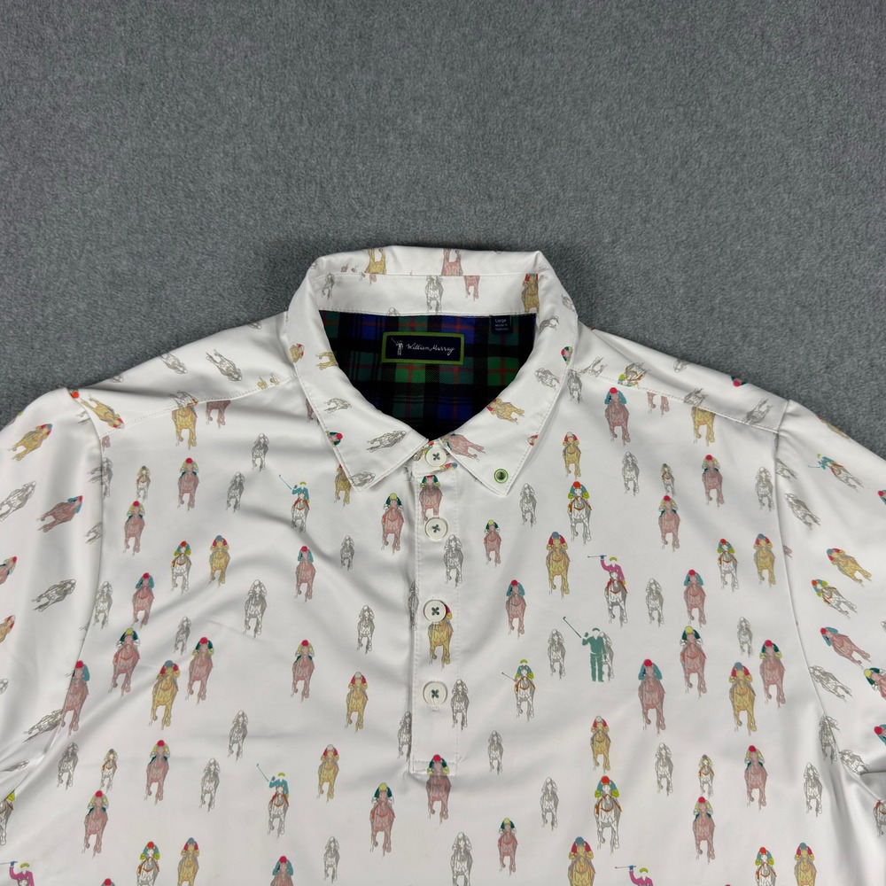 William Murray Golf Polo Mens L‎ White Horse Racing Print Stretch